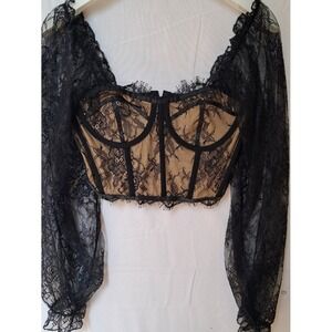 SHEIN Black Floral Lace Long Sleeve Corset‎ Crop Top Nude Lining Size 6 Medium